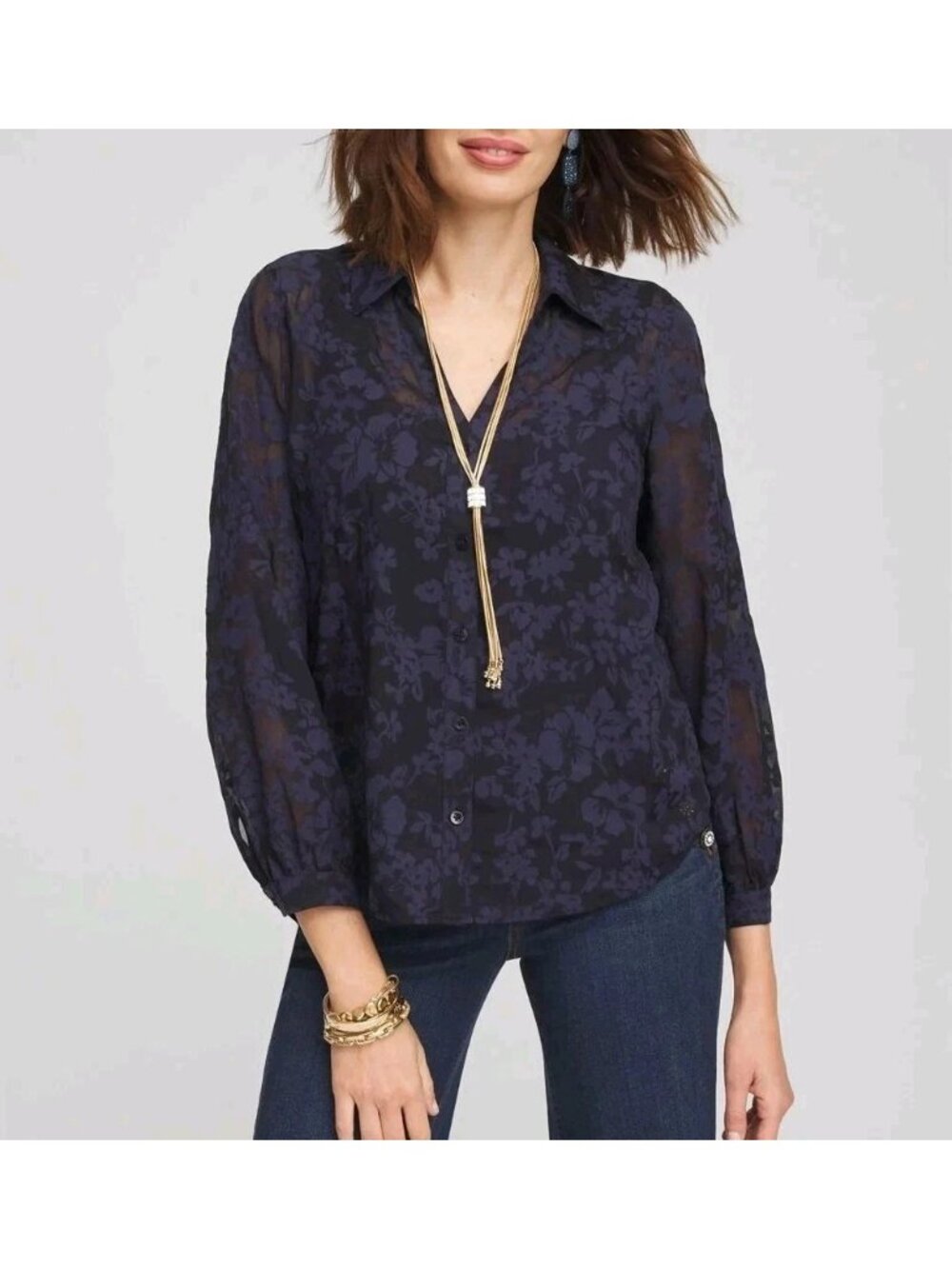 Chico's Floral Jacquard Blouse Sheer Navy Blue Women's Size 8